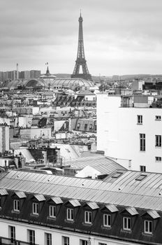 Eiffel Tower and Grand Palais with rooftop of residential in Paris, France (Black and White)