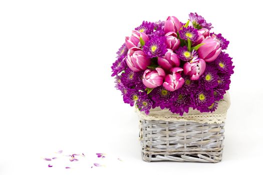 Bouquet made of tulips and chrysanthemum flowers on white background