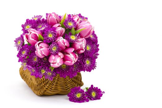 Bouquet made of tulips and chrysanthemum flowers on white background