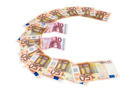 Euro symbol made of euro banknotes isolated on white background with clipping path