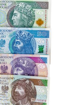 Set of new polish banknotes isolated on white background with clipping path