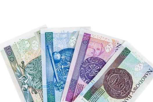 Set of new polish banknotes isolated on white background with clipping path