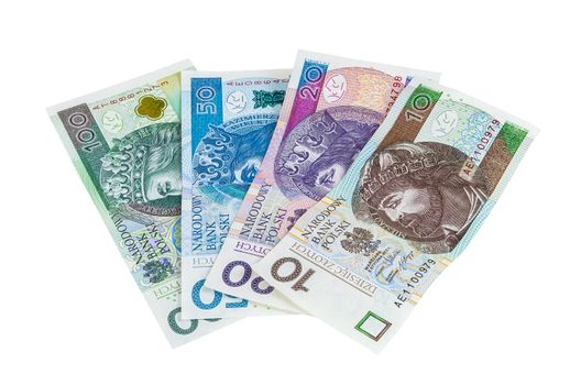 Set of new polish banknotes isolated on white background with clipping path