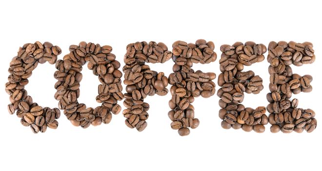 Coffee sign made of coffee beans isolated on white background