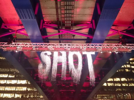 UK, London: A digital waterfall, one of 18 installations at the Canary Wharf Winter Lights festival, lights up London on January 11, 2016 as the festival opens. The festival features an intercontinental collection of sculptures, on display in areas like at Crossrail Place, Cabot Square, and Jubilee Park through January 22.