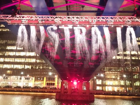 UK, London: A digital waterfall, one of 18 installations at the Canary Wharf Winter Lights festival, lights up London on January 11, 2016 as the festival opens. The festival features an intercontinental collection of sculptures, on display in areas like at Crossrail Place, Cabot Square, and Jubilee Park through January 22.