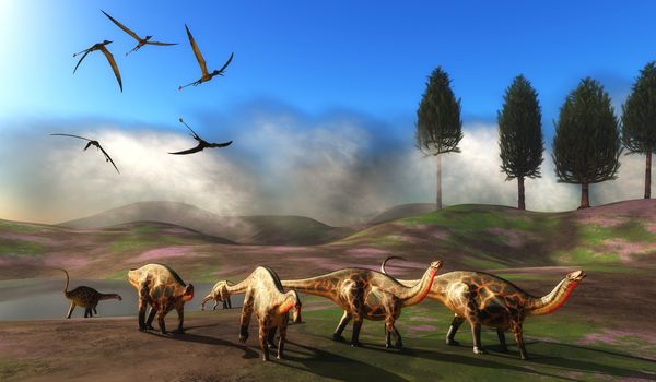 A flock of Rhamphorhynchus pterosaurs fly over a herd of Dicraeosaurus dinosaurs leaving a watering hole.