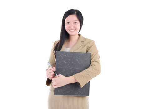 Business Women holding folder standing on white background.