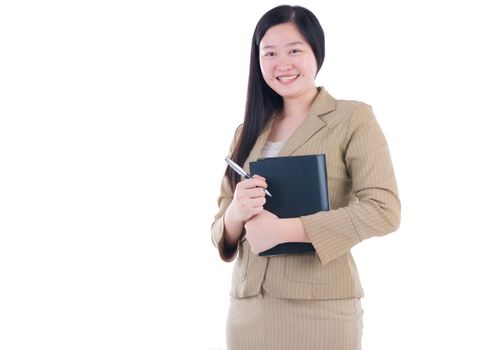 Business Women holding notebook and pen standing on white background.