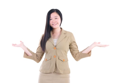 Portrait of Asian businesswoman open arms isolated on white background.