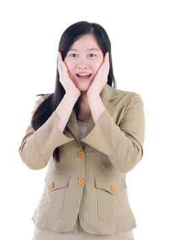 Very happy and surprised Asian woman. Isolated on white background.