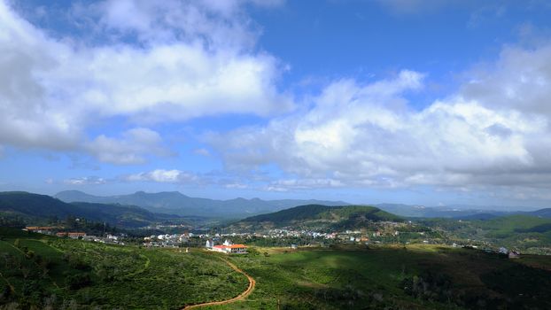 Beautiful panorama of Dalat countryside, Viet Nam, a agriculture residence with undulating terrain among hill and mountain make amazing scene of Da Lat rural, a place for Vietnam travel