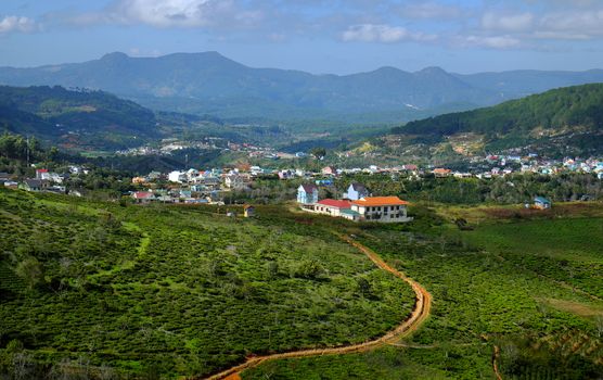 Beautiful panorama of Dalat countryside, Viet Nam, a agriculture residence with undulating terrain among hill and mountain make amazing scene of Da Lat rural, a place for Vietnam travel