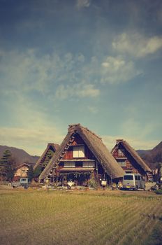 Historic village of Shirakawago in Japan is famous for the Gassho style architecture and is a UNESCO World Heritage Site (Filtered image processed vintage effect)