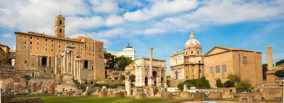 Roman ruins in Rome, Forum. Panoramic composition.
