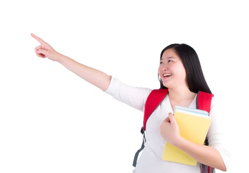 happy student girl holding books and pointing with white background