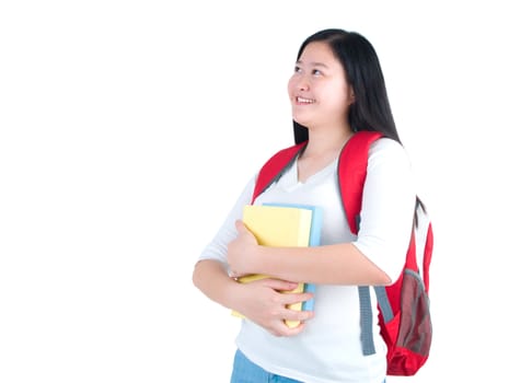 Young female student holding book with white background