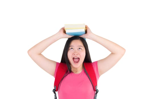 pretty university student girl holding book on the head