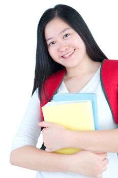 pretty student girl standing over white background