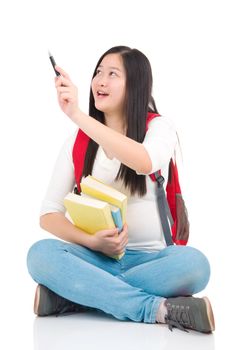 asian student girl sitting and drawing over white background