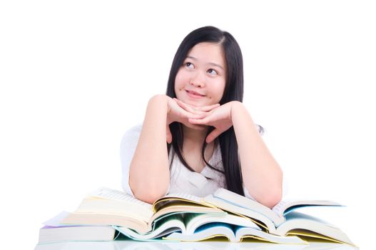 Asian young student girl thinking with book over white background