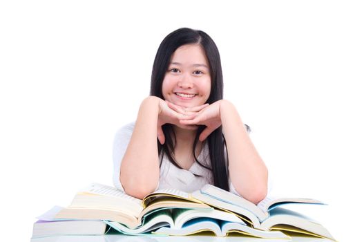 ian young student girl thinking with book over white background