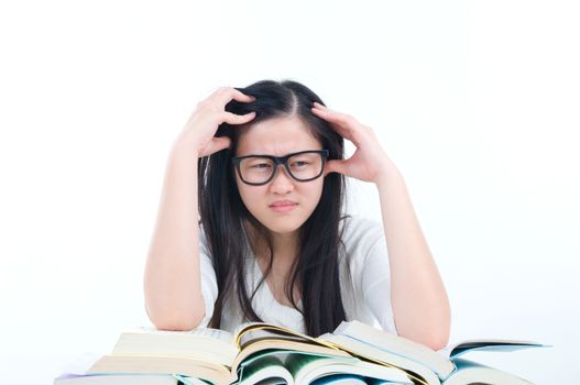 unhappy asian student girl feeling headache