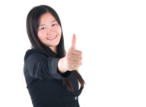 An Asian girl giving thumb up sign on white background