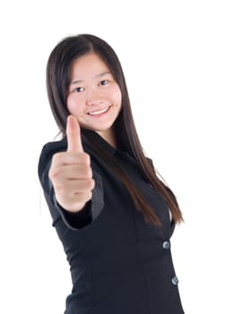 An Asian girl giving thumb up sign on white background