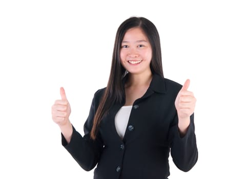 An Asian girl giving thumb up sign on white background
