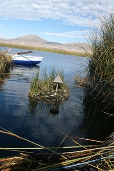 Island, sky, birds on Titicaca lake trip in Peru