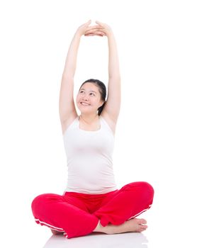 beautiful fit woman stretching her arm and smiling