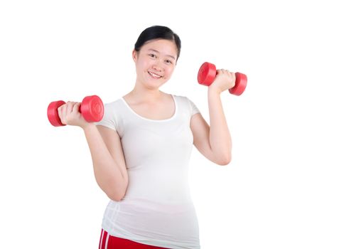 happy young woman exercising with dumbbells