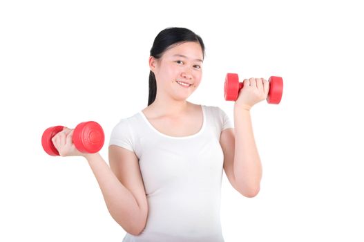 happy young woman exercising with dumbbells