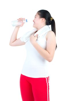 sport woman drinking water with towel