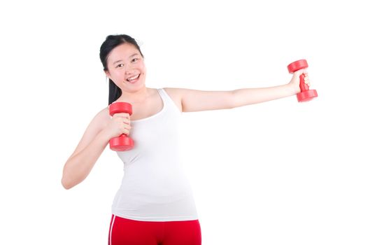 happy young woman exercising with dumbbells