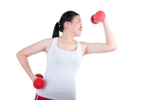 happy young woman exercising with dumbbells