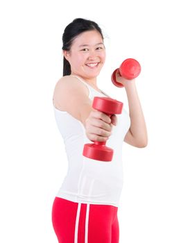 happy young woman exercising with dumbbells