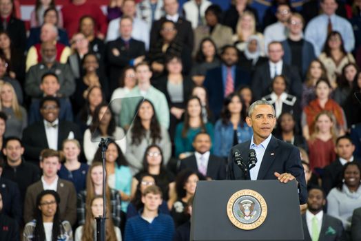 UNITED STATES, Omaha: President Obama holds a speech at UNO's Baxter Arena in Omaha, Nebraska on January 13, 2016, one day after his final State of the Union address.