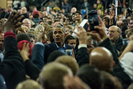 UNITED STATES, Omaha: President Obama leaves UNO's Baxter Arena in Omaha, Nebraska on January 13, 2016, one day after his final State of the Union address.