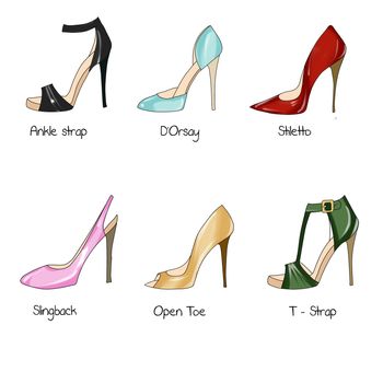 Fashion Illustration - Set of different types of heel shoes