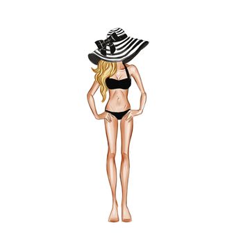 Hand drawn background - fashion illustration - sketch - girl in bikini and large hat