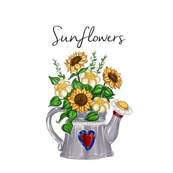 watercolor hand drawn illustration - sunflower bouquet inside watering metal can