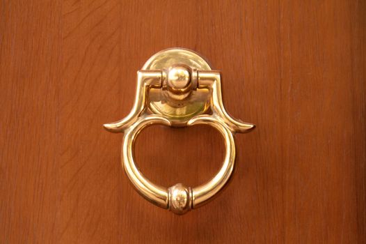 beautiful golden handle on the wooden door brown