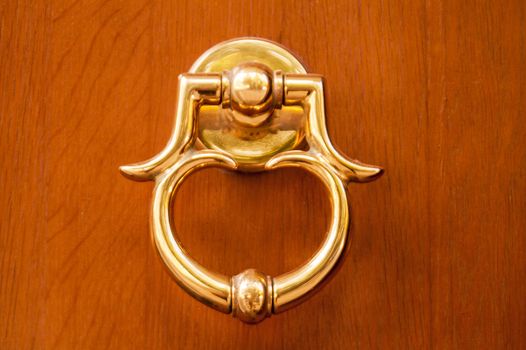 beautiful golden handle on the wooden door brown