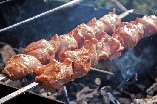 Shish kebab on a skewer fried on open coals of a fire 