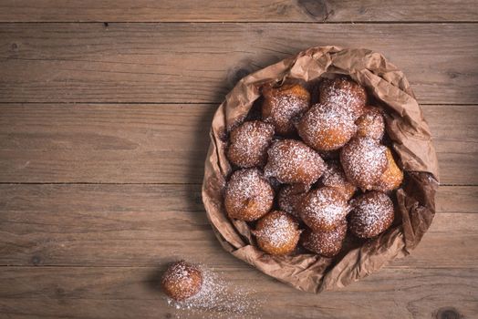 Fried carnival italian dessert in carnival top view composition