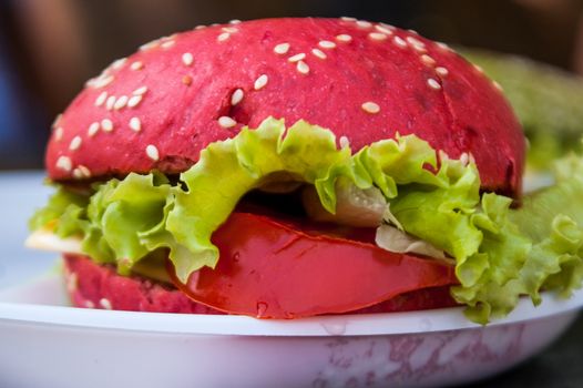 the lying tasty red burger with salad and sesame