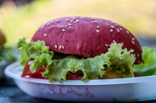 the lying tasty red burger with salad and sesame