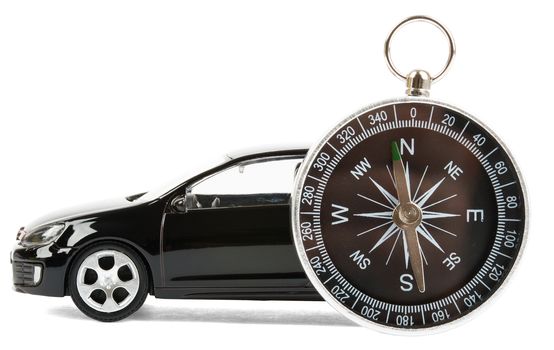 Compass with car isolated on white background, side view